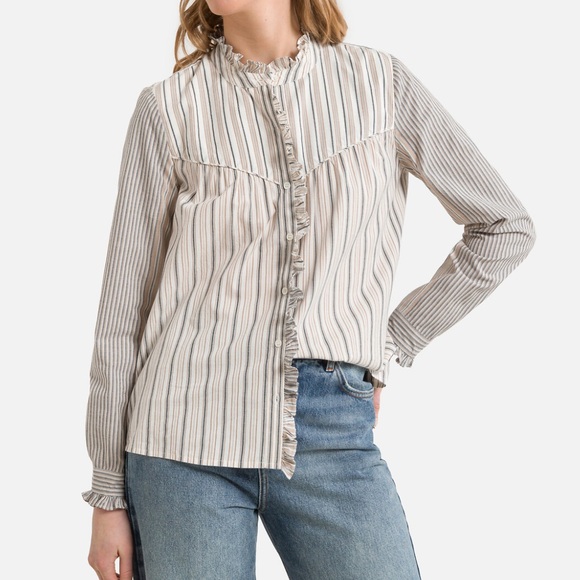 Ba&sh Luz Striped Button‎ Front Shirt Feminine Ruffle Detail Sz M 100% Cotton - Picture 8 of 11